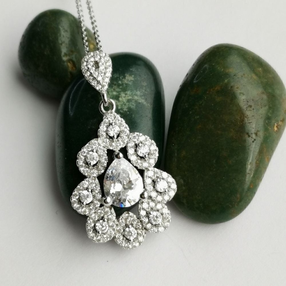 NEW Sterling silver CZ Victorian revival pendant necklace